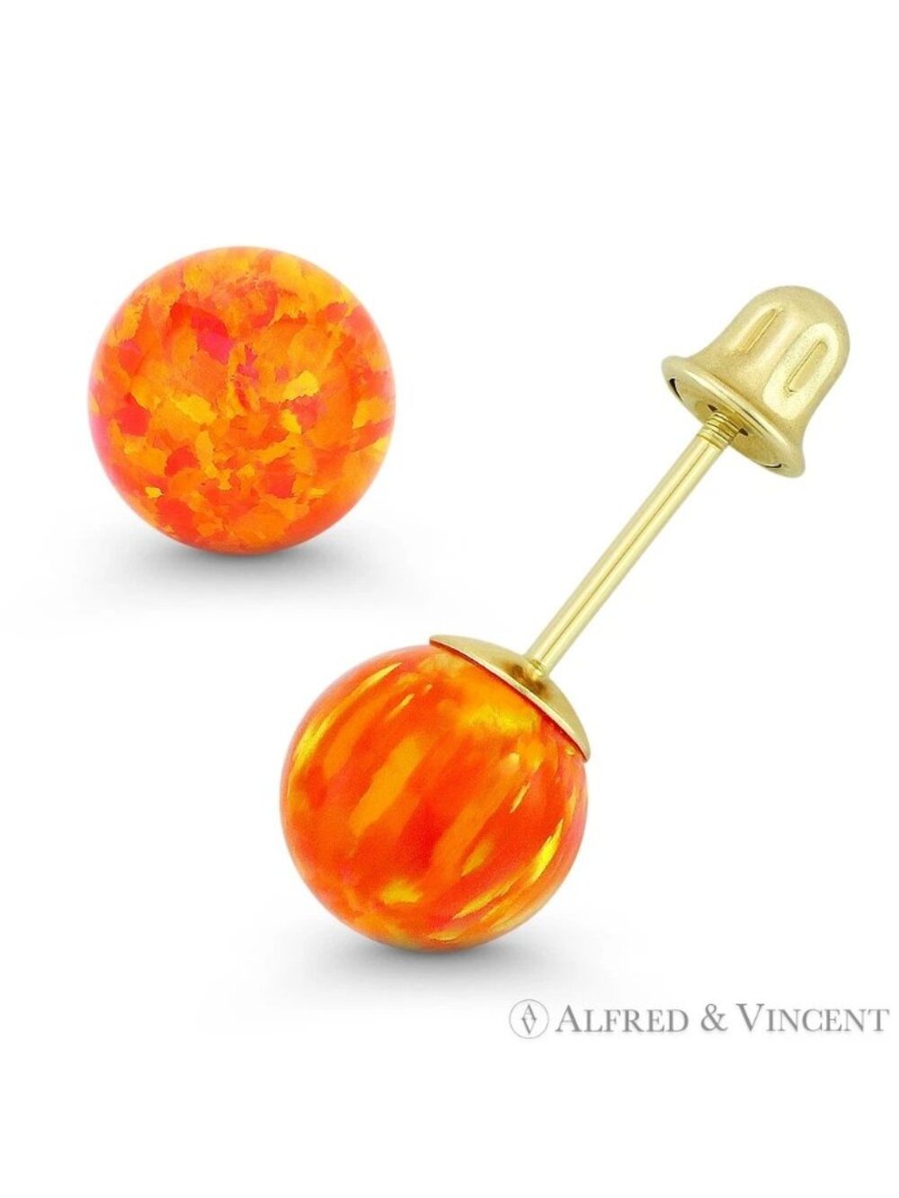 Fiery Orange & Red Synthetic Opal Screwback Stud Earrings in 14k Yellow Gold